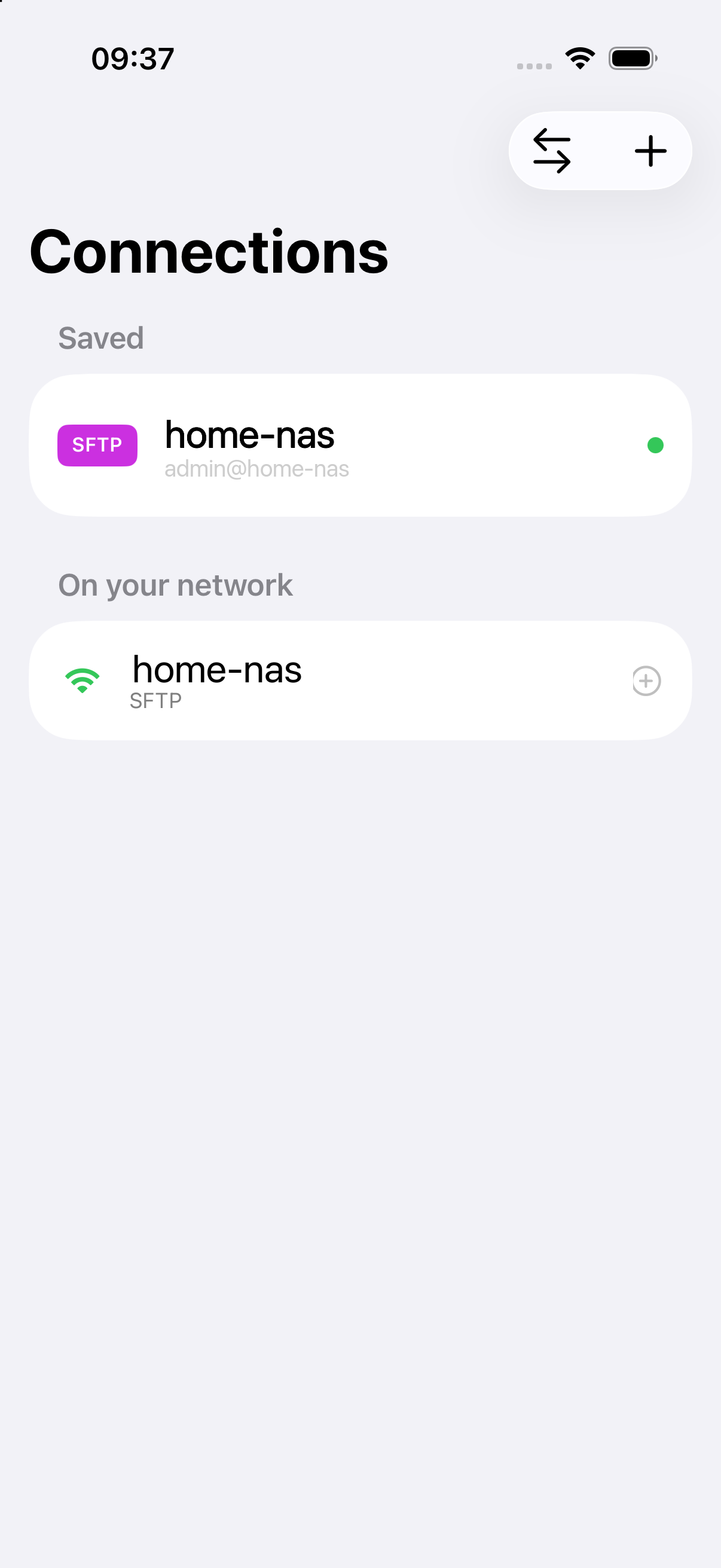 Ferry connections screen with saved hosts and an On your network section